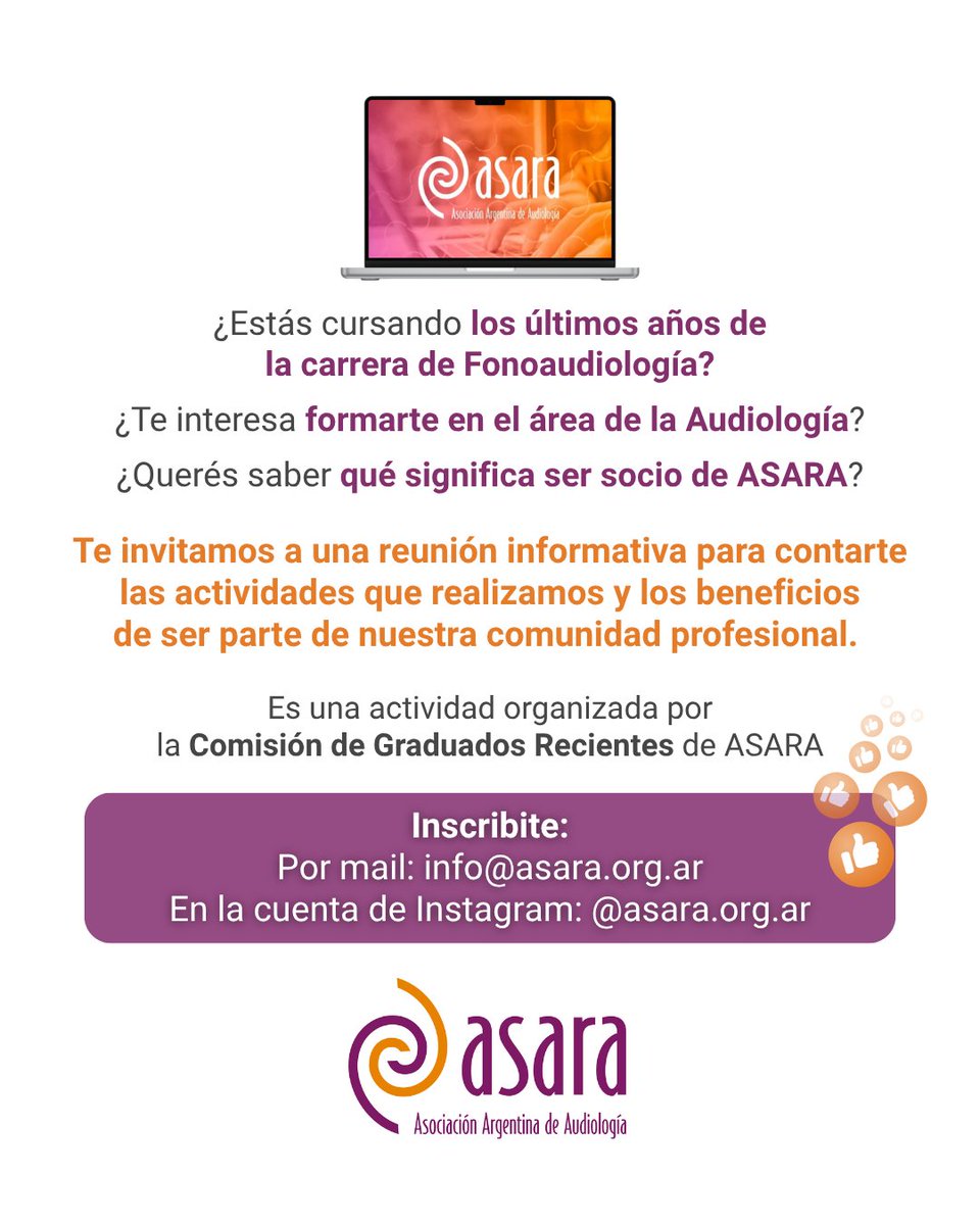 👉 ¡Convocatoria a estudiantes de 4to y 5to año de la carrera de Fonoaudiología!

👂 Reunión informativa: “Conociendo a ASARA”

📅 Lunes 27 de octubre, 19 hs. Modalidad virtual

📝 Inscribite acá
forms.gle/Eud6Dbechb5Lkk…
🔸 O mandá un mail a info@asara.org.ar 
 
✨ ¡Te esperamos!