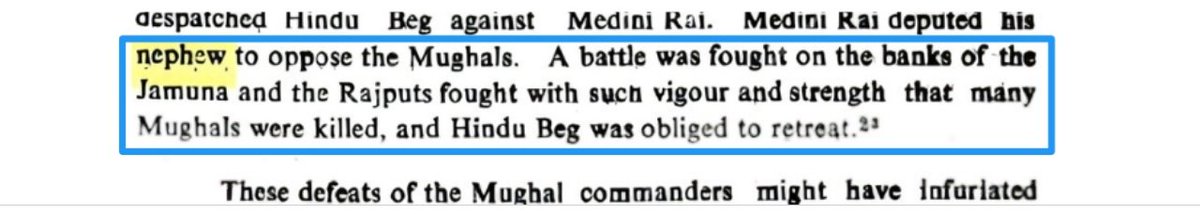 Raghuuvanshi_'s tweet photo. Once Babur despatched his general Hindu Beg (a converted Brahmin) against Medini Rai. So, Medini Rai deputed his Nephew to oppose the Mughals and a Battle was fought near the river Jumna in which Mughals were defeated. 

Journal of the Madhya Pradesh Itihasa Parishad • 1976 https://t.co/GOCtVtSrdb