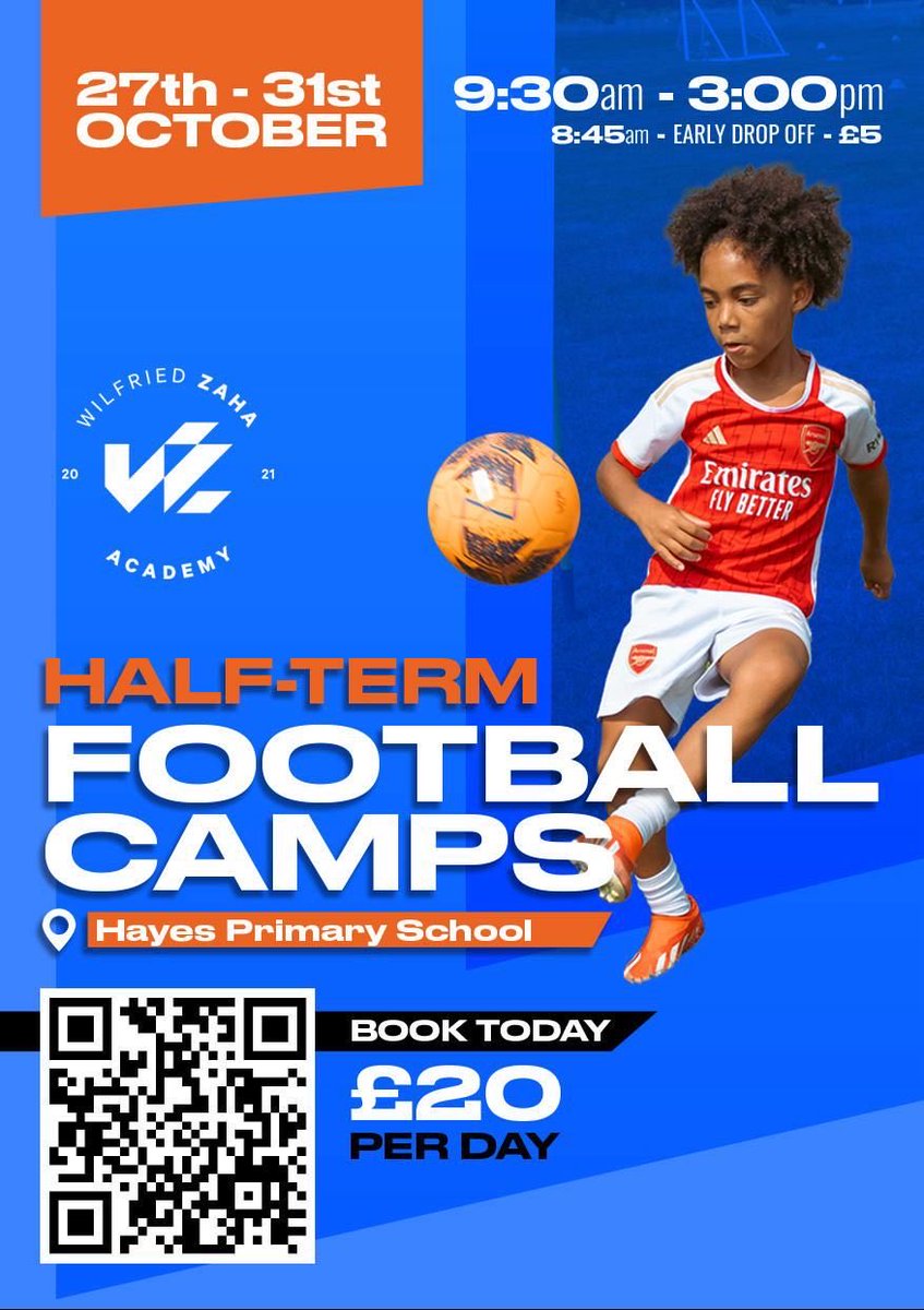Get your game on this half-term with elite football coaching from the Wilfried Zaha Academy ⚽🔥

📍 Hayes Primary School | 💷 £20/day | 🗓️ 27–31 Oct

wzacademy.co.uk