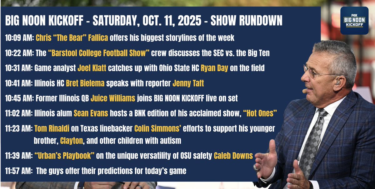 FOXSportsPR's tweet image. .@BNKonFOX is LIVE from Champaign ahead of No. 1 @OhioStateFB vs. No. 17 @IlliniFootball on FOX 

It&apos;s a jam-packed show with special guests, HOT topics and more 🔥

📺 10:00 AM ET on FOX