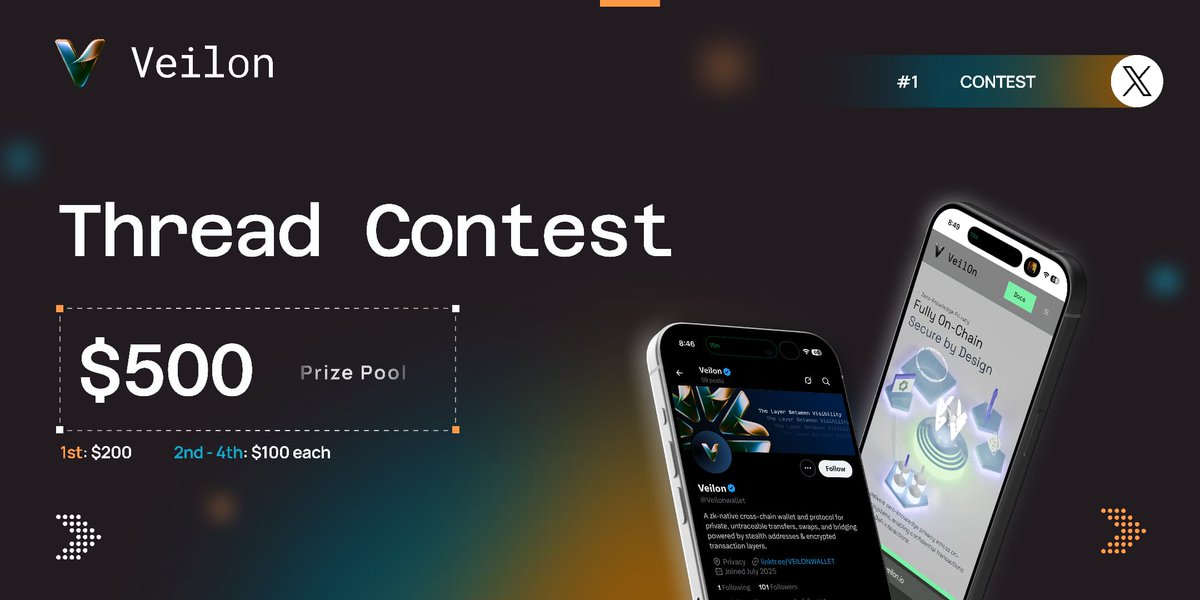 Veilon (@veilonwallet) on Twitter photo ๐ฉ๐ฒ๐ถ๐น๐ผ๐ป ๐ง๐ต๐ฟ๐ฒ๐ฎ๐ฑ ๐ฐ๐ผ๐ป๐๐ฒ๐๐ 
Our $500 thread contest just went live!
How to participate 
โช๏ธ Follow <a href="/Veilonwallet/">Veilon</a>
โช๏ธ Like & repost
โช๏ธ Join TG: t.me/veilonwallet
โช๏ธ Tag 4 other writers 
โช๏ธ Create a thread (min. 5 tweets) on Veilon 
(Docs on ๐ฉ๐ฒ๐ถ๐น๐ผ๐ป ๐ง๐ต๐ฟ๐ฒ๐ฎ๐ฑ ๐ฐ๐ผ๐ป๐๐ฒ๐๐ 
Our $500 thread contest just went live!
How to participate 
โช๏ธ Follow <a href="/Veilonwallet/">Veilon</a>
โช๏ธ Like & repost
โช๏ธ Join TG: t.me/veilonwallet
โช๏ธ Tag 4 other writers 
โช๏ธ Create a thread (min. 5 tweets) on Veilon 
(Docs on