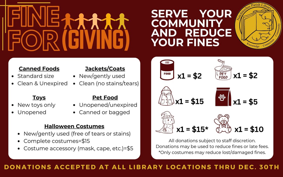 NatchParishLib's tweet image. ✨ Fine ForGIVING is back at the NPL! ✨

From October–December, you can clear fines AND give back to the community at the same time. Donate canned goods, pet food, jackets, toys, or costumes to reduce eligible fines—or just donate to help local families in need!