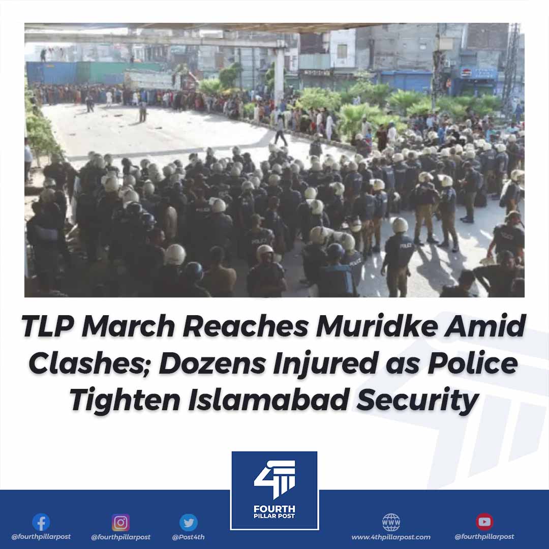 Post4th's tweet image. TLP’s pro-Palestine march reaches Muridke after violent Lahore clashes injure 40 police. Authorities seal major routes, cut mobile services, and boost security in Islamabad &amp;amp; Rawalpindi. 
#TLP #GazaSolidarity #Islamabad 
Read more: 4thpillarpost.com