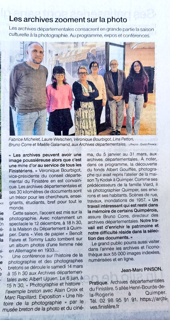 [On parle de nous] "Les Archives zooment sur la photo" merci <a href="/OuestFrance29/">Ouest-France 29</a> pour l'article du jour. <a href="/finistere_29/">Département du Finistère</a> <a href="/FranceArchives/">FranceArchives</a> <a href="/VBourbigot/">Véronique BOURBIGOT</a> #archives #finistere #photo