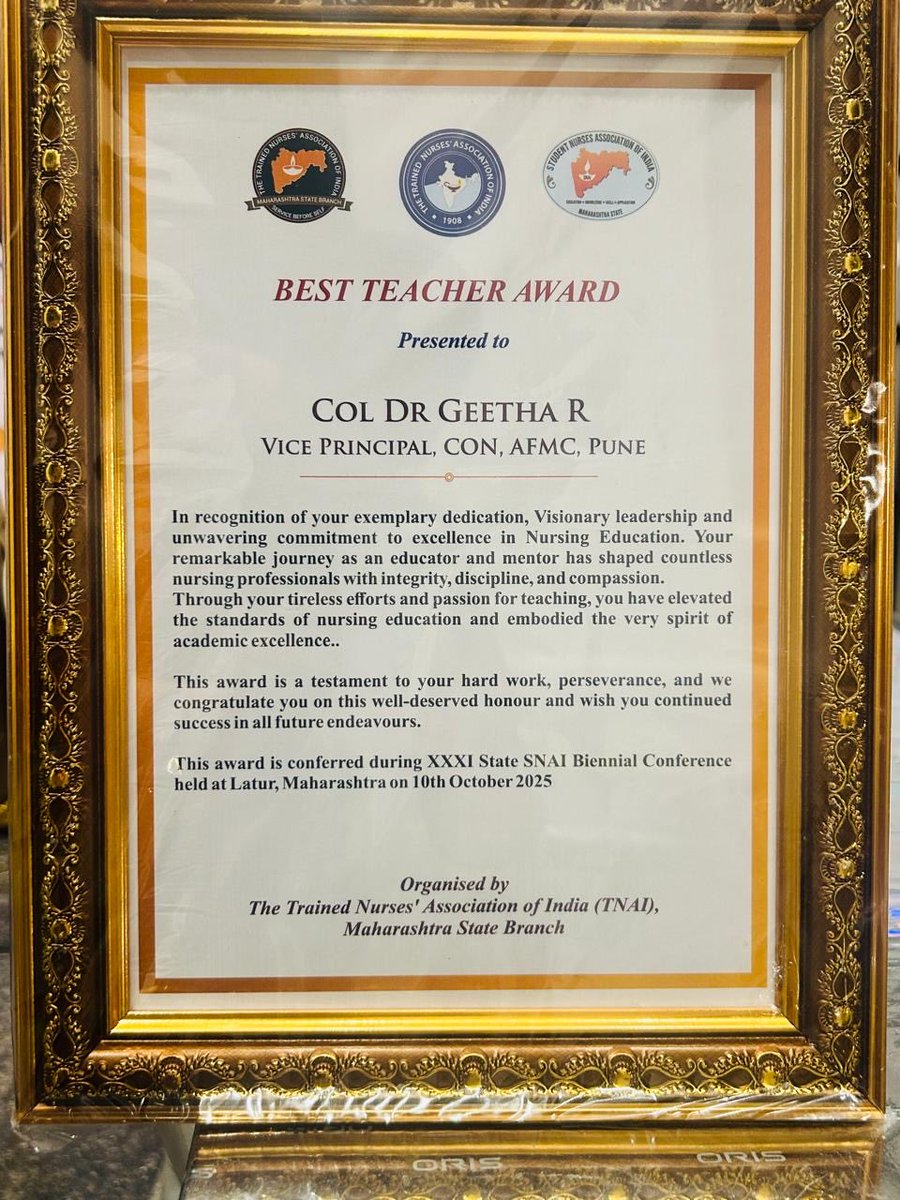 dgafms_mod's tweet image. Col Geetha R, Vice Principal, College of Nursing, #AFMC Pune, has been conferred the “Best Teacher Award 2025” by the Trained Nurses Association of India, Maharashtra State Branch, in recognition of her exemplary dedication, visionary leadership, and commitment to excellence in…