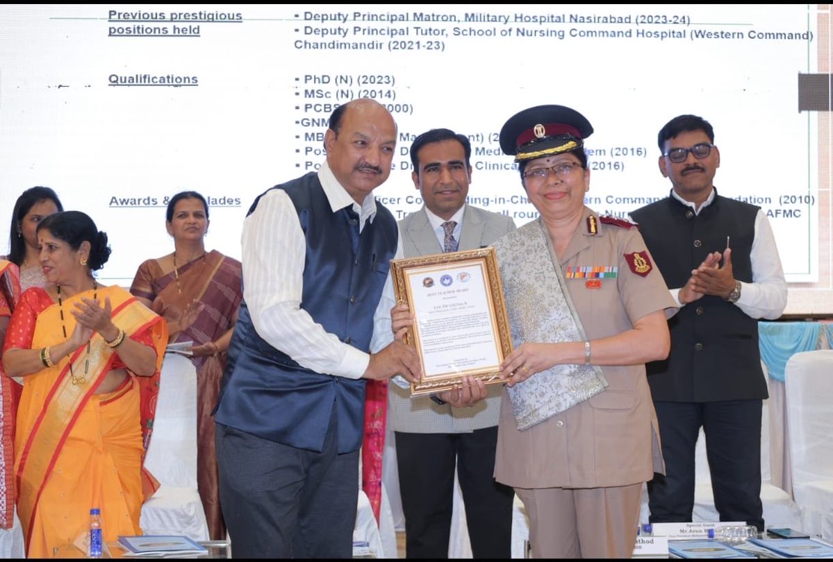 dgafms_mod's tweet image. Col Geetha R, Vice Principal, College of Nursing, #AFMC Pune, has been conferred the “Best Teacher Award 2025” by the Trained Nurses Association of India, Maharashtra State Branch, in recognition of her exemplary dedication, visionary leadership, and commitment to excellence in…