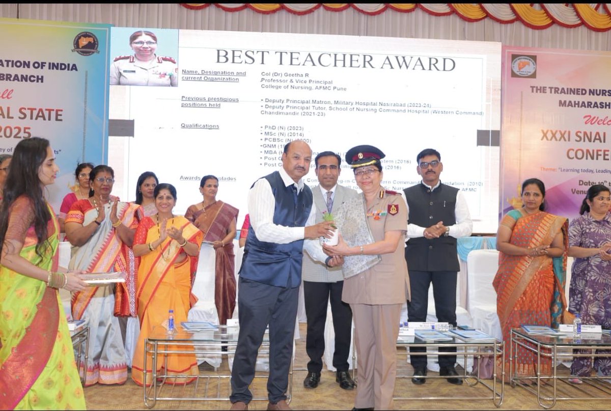 dgafms_mod's tweet image. Col Geetha R, Vice Principal, College of Nursing, #AFMC Pune, has been conferred the “Best Teacher Award 2025” by the Trained Nurses Association of India, Maharashtra State Branch, in recognition of her exemplary dedication, visionary leadership, and commitment to excellence in…