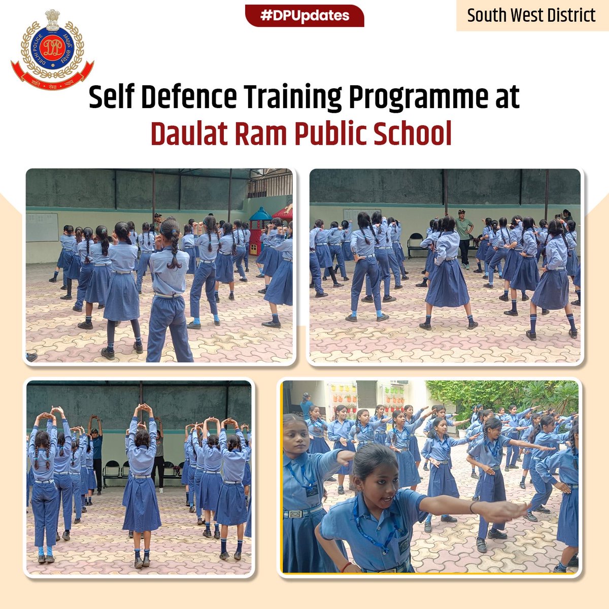dcp_southwest's tweet image. 👮🏻‍♂️ District’s SJPU organised a Self-Defence Training Programme at Daulat Ram Public School, Sagarpur to empower girl students with self-defence techniques, boost their confidence &amp;amp; make them aware of women safety measures &amp;amp; emergency helplines.

@CPDelhi
@DelhiPolice

#DPUpdates