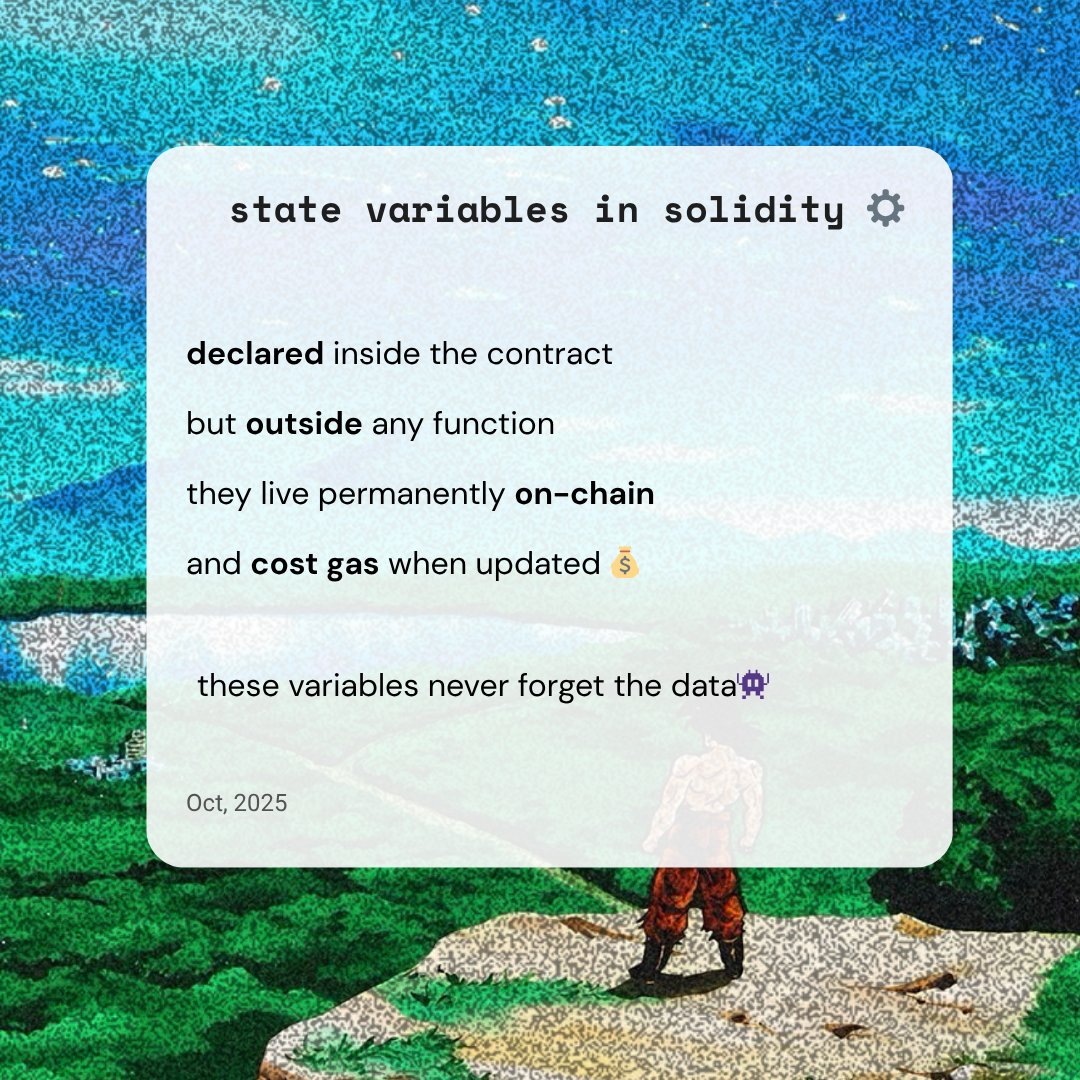 vandit_js's tweet image. in solidity, variables don’t disappear when you close the tab. they live on-chain forever ⚡
.
.
.
#buildinginpublic  #Web3