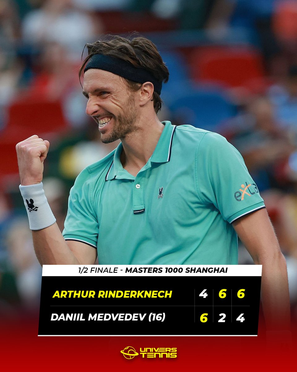 UniversTennis's tweet image. RINDERKNECH EN FINALE À SHANGHAI 🤯

Arthur Rinderknech bat son quatrième TOP 20 consécutif en s'offrant Daniil Medvedev et jouera sa plus grande finale à 30 ans. 🔥🇫🇷

Il tentera de devenir le premier Français à remporter un Masters 1000 depuis Jo-Wilfried Tsonga en 2014. 😱