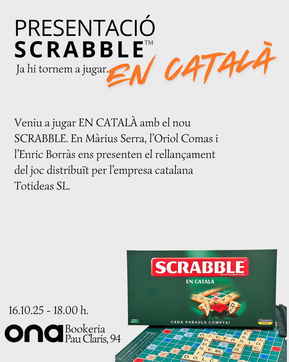 #SCRABBLE Ja hi tornem a jugar… EN CATALÀ. 🙌No us ho perdeu: Presentació #scrabbleenCatalà nou llençament a <a href="/OnaLlibres/">Ona Llibres</a> amb <a href="/mariusserra/">Màrius Serra</a> <a href="/oriolcomas/">Oriol Comas</a> i <a href="/enricborras1/">Enric Borràs Palouzié</a> 16oct 18:00 Gràcies <a href="/iolandabatalle/">Iolanda Batallé Prats</a> 👏👏Som-hi!