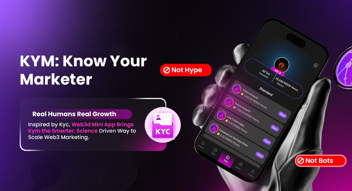web3decision's tweet image. 🎯Know Your Marketer (KYM) Not Just Your Customer or Hyper 

A Real Human Army 

A new dimension to Marketing 

Inspired by KYC, the Web3D Mini App introduces KYM: Know Your Market  a smarter, science-based way to build real engagement, real users, and real growth.

No bots, no…
