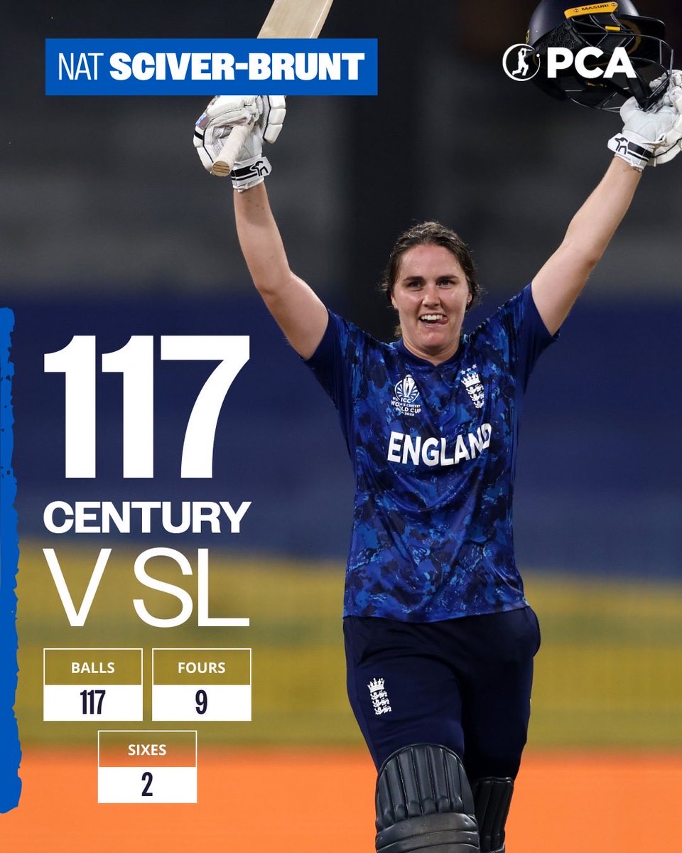 PCA's tweet image. Raising her bat when the team needed it most 💯

A 5️⃣th World Cup hundred for the captain, @natsciver ©️

#CWC25 #ENGvSL