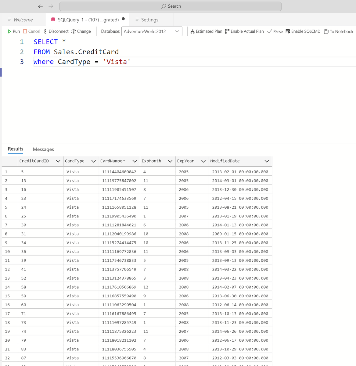 murainanurudee6's tweet image. 🧠 Step 1: Filtering Data (WHERE Clause)

WHERE tells SQL which rows to show — just like Excel filters.

SELECT *
FROM Sales.CreditCard
WHERE CardType = &apos;Vista&apos;;

✅ Shows only Vista credit cards 💳

#LearnSQL #DataSkills
@ibn_wittig @OboniiX