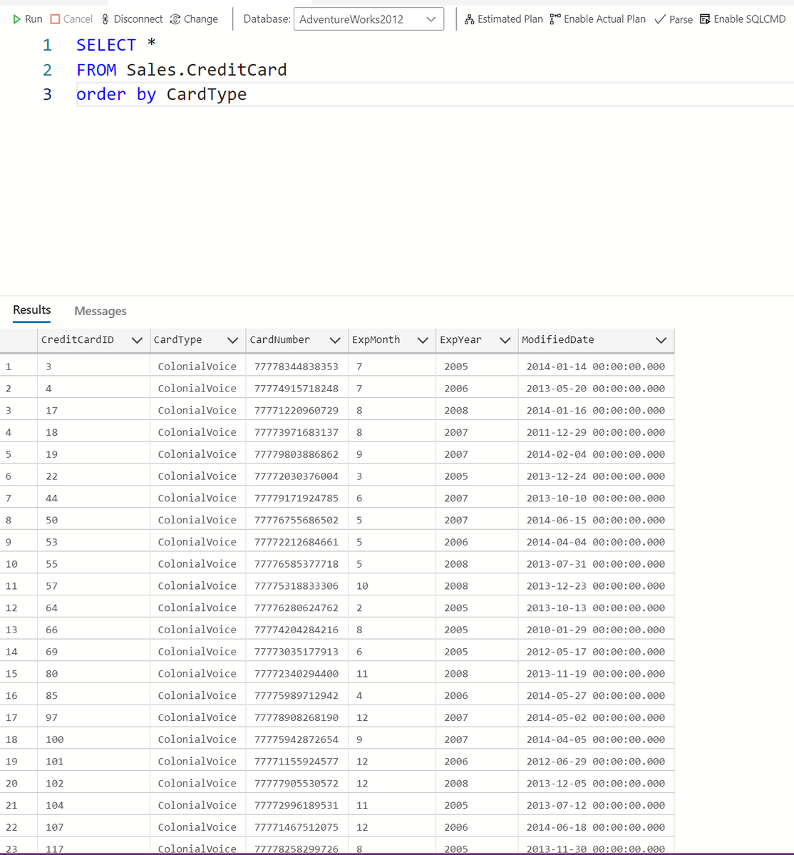 murainanurudee6's tweet image. 📊 Step 2: Sorting Data (ORDER BY)

ORDER BY arranges results in ascending (ASC) or descending (DESC) order.

SELECT *
FROM Sales.CreditCard
ORDER BY CardType;

✅ Lists all cards alphabetically.

Use DESC to reverse it 👇

ORDER BY CardType DESC;

#LearnSQL @Rita_tyna