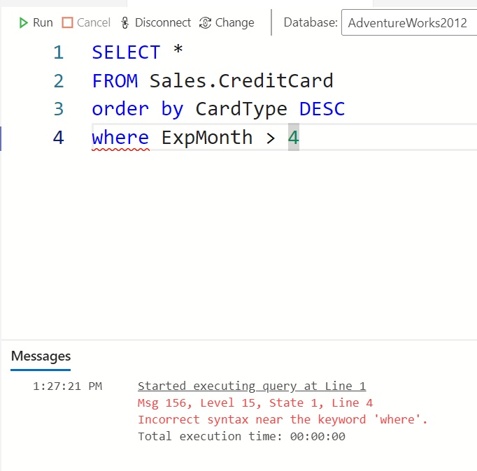 murainanurudee6's tweet image. 🔄 Using Both Together

You can combine WHERE + ORDER BY:

SELECT *
FROM Sales.CreditCard
WHERE CardType = &apos;Vista&apos;
ORDER BY ExpMonth;

💡 You can filter alone ✅
💡 Or sort alone ✅
💡 But don’t sort before filtering ❌ (it’ll throw an error)

#SQLTips