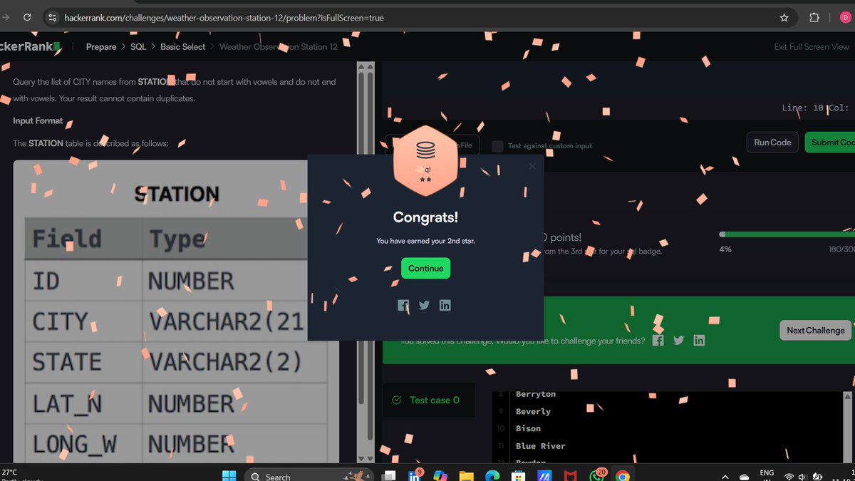 divya_dhumal10's tweet image. Progress feels good...
Today I achieved 2⭐️ on HackerRank in SQL.
It's not about stars—it's 🔥 about growing one query at a time
#SQL #hackerRank #ProblemSolving #Interest #query #Journey
