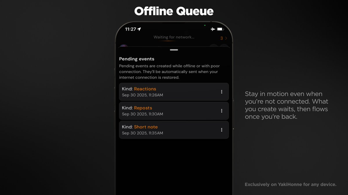 YakiHonne's tweet photo. 📷 Offline Queue — Stay in Motion
Never lose your flow. With *Offline Queue*, you can keep creating even when you’re not connected — your posts, reactions, and notes will wait patiently and send automatically once you’re back online.

Stay active, stay seamless — wherever you are. 📷

  #Nostr #StayConnected