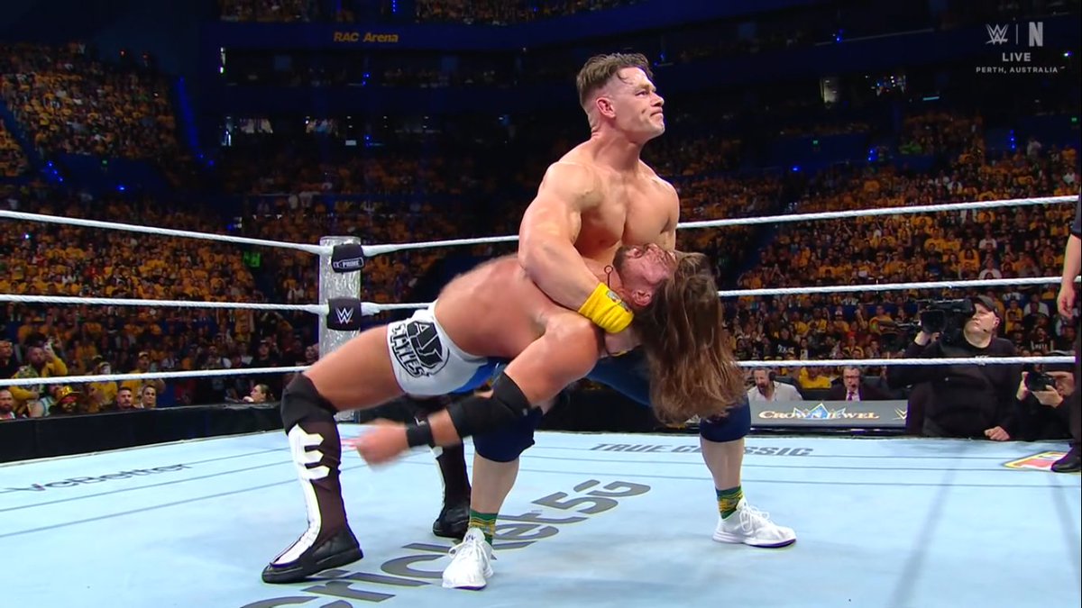 ProWFinesse's tweet image. John Cena hit AJ Styles with a Sister Abigail in homage to Bray Wyatt.

The crowd went CRAZY.

He&apos;s got the whole world in his hands ❤️