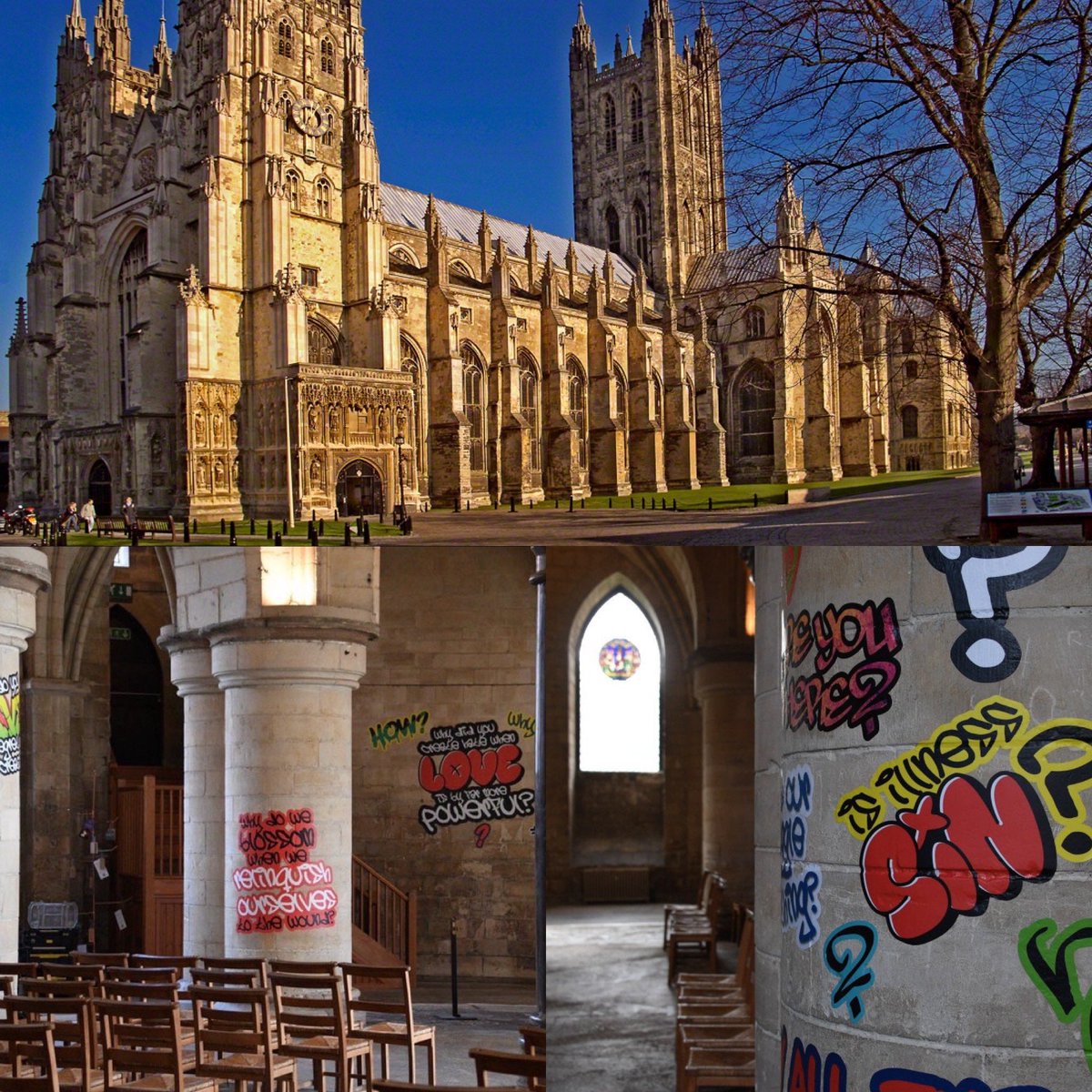 crpandemonium's tweet image. La Iglesia de Inglaterra ha decidido dedicar el interior de la catedral de Canterbury, la más antigua del país, a una muestra grafitera. Para ello, ha contactado con “la diáspora punjabí, negra y morena, y con grupos neurodivergentes y LGBTQIA” y les ha entregado sus paredes.