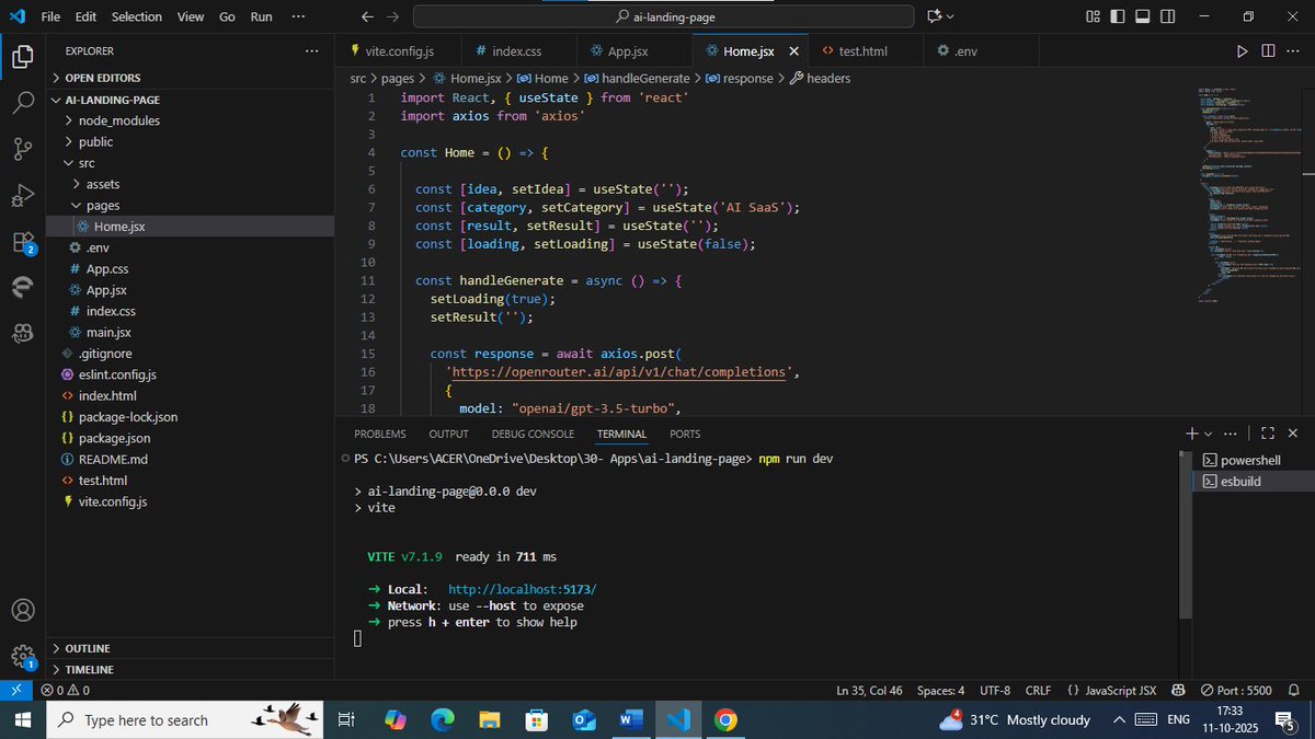 sMohammedarifa2's tweet image. 🚀 Just built an AI Landing Page App from scratch!

🧠 Tech Stack: React + Vite + Tailwind CSS + OpenRouter API

💡 Features:
• Input prompt → AI response ⚡
• Dark/Light mode 🌗
• Copy button 📋
• Toast notifications 🔔
• Mobile responsive 📱

#ReactJS #TailwindCSS  #AIApp