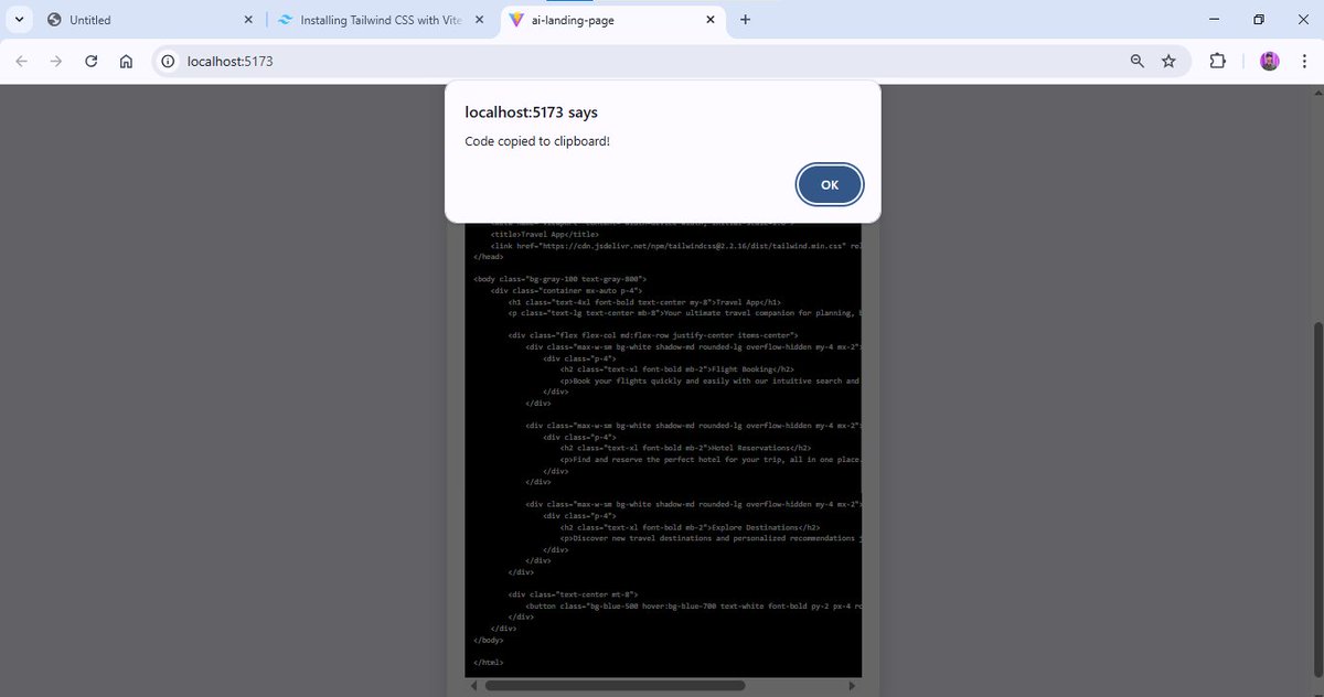 sMohammedarifa2's tweet image. 🚀 Just built an AI Landing Page App from scratch!

🧠 Tech Stack: React + Vite + Tailwind CSS + OpenRouter API

💡 Features:
• Input prompt → AI response ⚡
• Dark/Light mode 🌗
• Copy button 📋
• Toast notifications 🔔
• Mobile responsive 📱

#ReactJS #TailwindCSS  #AIApp