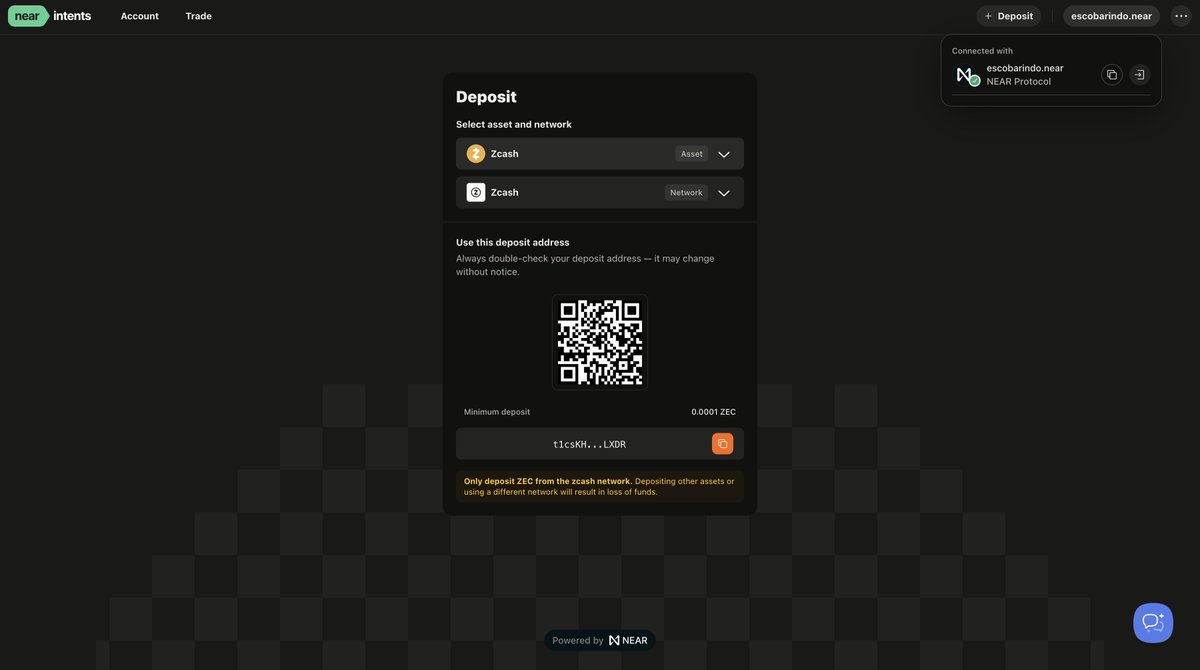 aescobarindo's tweet image. Last call to the $ZEC Community before we take off ✈️
It's simple!
1. Create NEAR Wallet, recommended @MeteorWallet @hotdao_ and @intea_rs
2. Visit near-intents.org/deposit?from=Z… and connect your NEAR Wallet
3. Send your $ZEC from Zashi to the $ZEC deposit address
4. Withdraw…