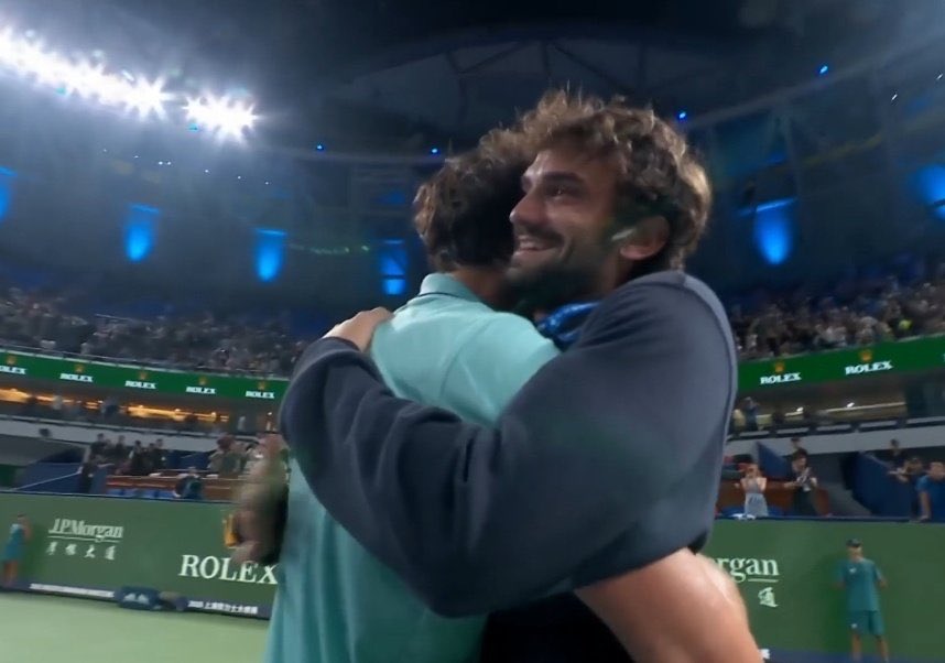 TheTennisLetter's tweet image. Valentin Vacherot hugs his cousin Arthur Rinderknech after he beat Medvedev to reach the Shanghai final.
Right after the biggest win of his life, he stayed to watch Arthur achieve the biggest moment of his own life.
Cousins ready to face each other in their first Masters 1000…