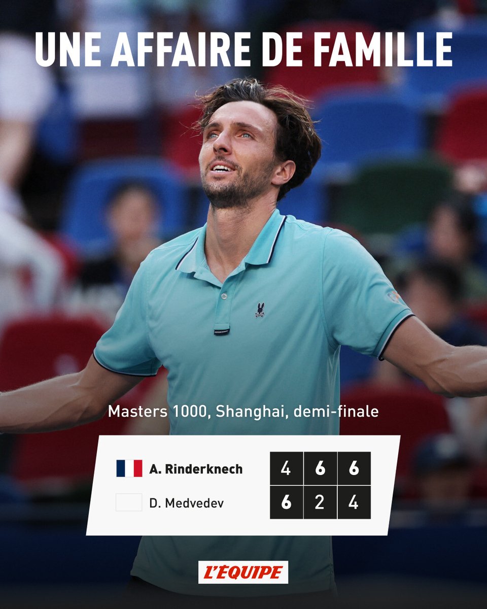 Quelques heures après son cousin Valentin Vacherot, Arthur Rinderknech a lui aussi réalisé un exploit pour se hisser en finale du Masters 1000 de Shanghai. Le Français, 54e mondial, s'est imposé en demies face à Daniil Medvedev (4-6, 6-2, 6-4). l.lequipe.fr/yMV