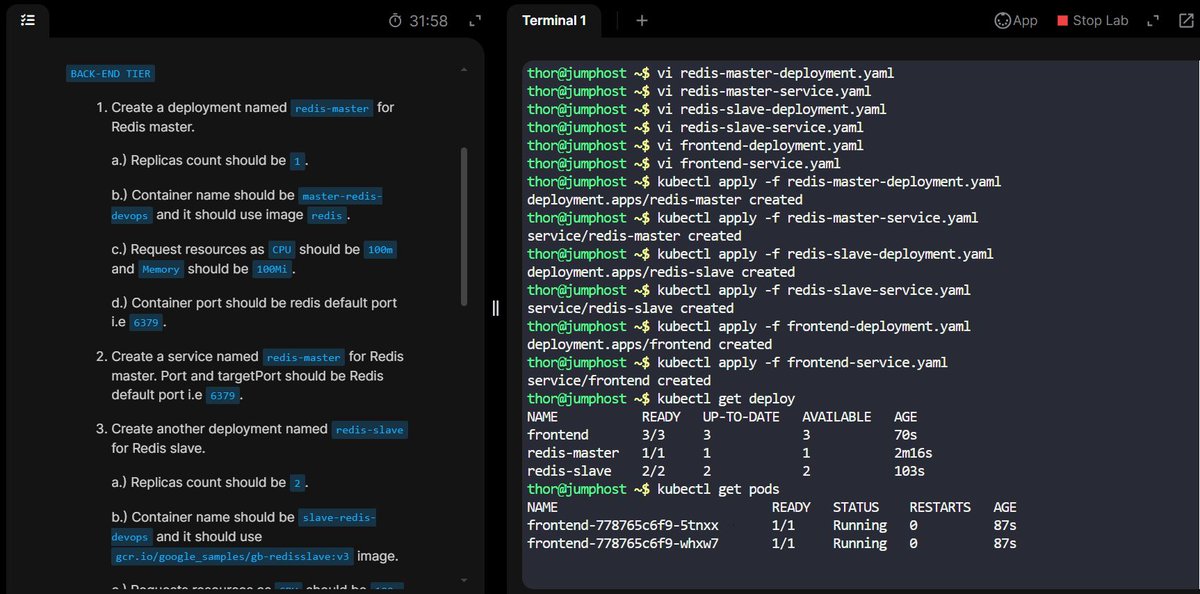jidefal's tweet image. Day 67 of #100DaysOfDevOps by @KodeKloudHQ  - Deploy Guest Book App on #Kubernetes 

Today&apos;s task is to deploy a guestbook application with Redis master-slave replication and a scalable frontend. I am to create three deployments and three services as per the requirements.

#Redis