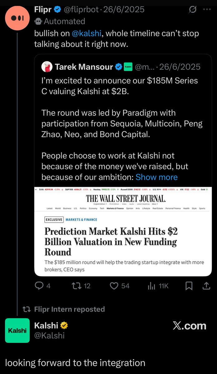crypto_wallet4's tweet image. $FLIPR x @Kalshi research effort thread.
> Kyle Samani (Multicoin) follows the Flipr intern account. Multicoin was part of Kalshi’s $185M round.
> Note the Kalshi tweet hinting at integration.
> Prediction markets keep hitting the same wall, slippage. Even small orders can…