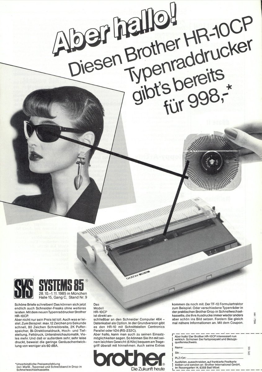Retrojournal_de's tweet image. Aber hallo! 😎
Der Brother HR-10CP war der stylische Typenraddrucker für den Schneider CPC – inklusive Drop-In-Kassette, leisem Anschlag und futuristischem Design.
Preis 1985: 998 DM.
#RetroComputing #SchneiderCPC #Brother #VintageTech #Typenraddrucker