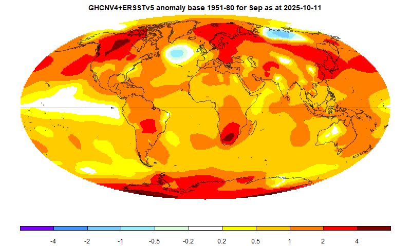 Moyhu:
September global surface TempLS up 0.051°C from August.
As last month, GHCN land data had missing sections, which I augmented with JMA to get 2414 stations outside US. Details here:
moyhu.blogspot.com/2025/10/septem…