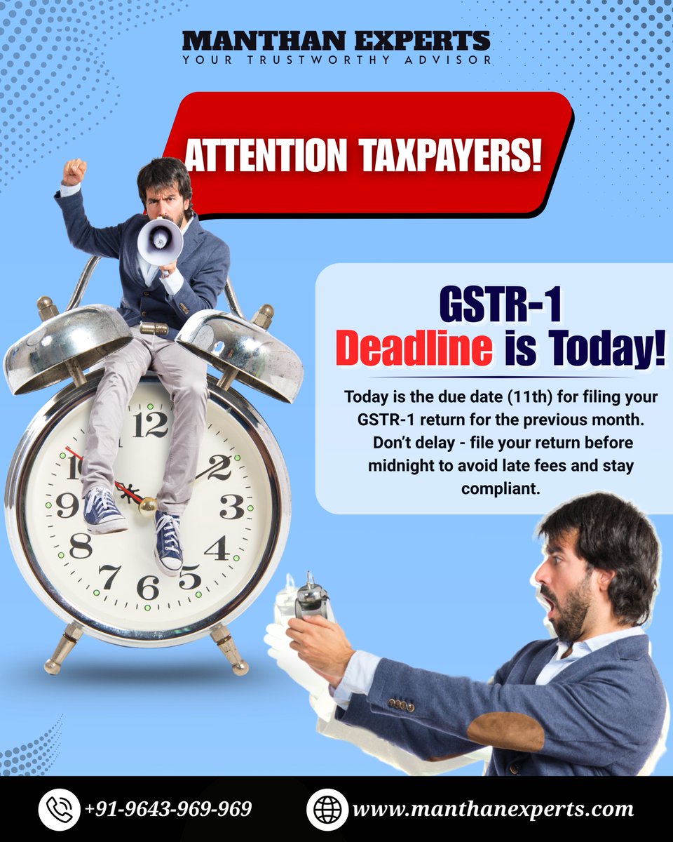 ManthanExperts's tweet image. Don’t miss your GSTR filing for this month!
Avoid late fees and penalties - file your returns on time with Manthan Experts.

⚡ Stay compliant, stay stress-free!

#GSTReturn #DeadlineAlert #GSTRFiling #ManthanExperts #TaxCompliance #GSTIndia #FileOnTime #GSTServices