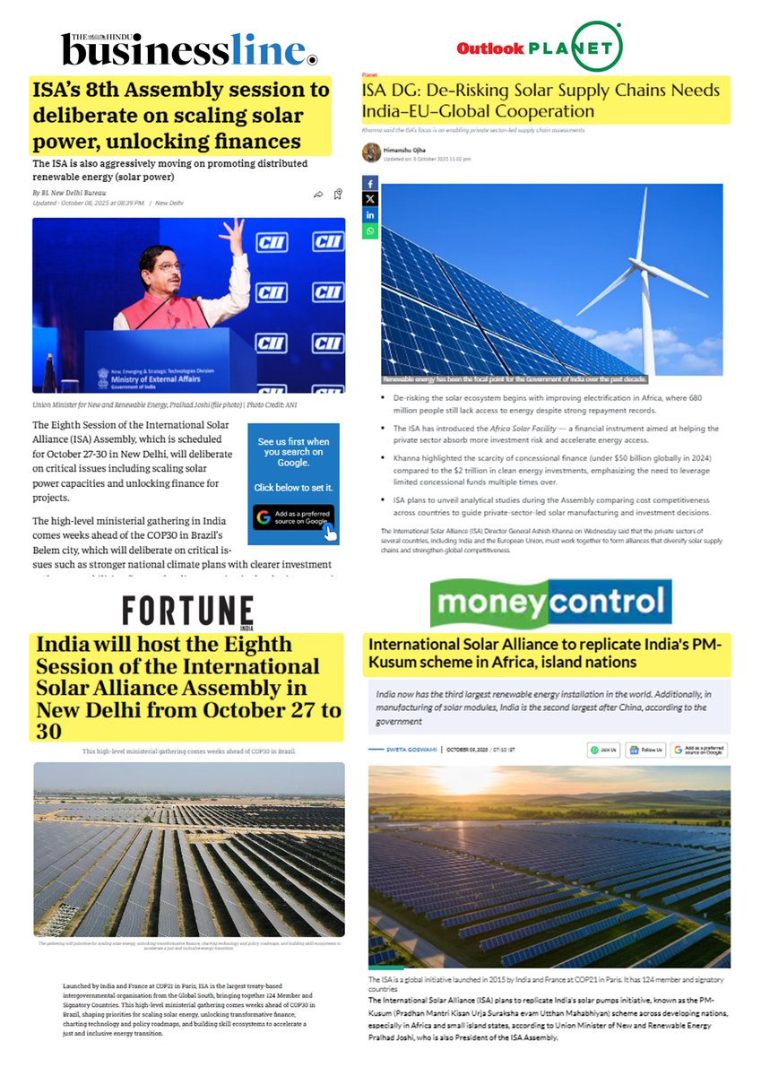 isolaralliance's tweet photo. #MediaClips
The Curtain Raiser of the Eighth ISA Assembly concluded on an inspiring note, setting the stage for global dialogue, innovation, and collaboration in advancing solar energy for all. 🌍☀
Know more about the Assembly in a report by @FortuneIndia 👇
https://t.co/im0btsqGPS
Stay tuned for updates on upcoming #ISA8thAssembly.
🗓 27–30 October 2025 |📍 New Delhi, India
#VoicesForSolar #AmbitionToAction #SolarEnergy #ISAForSolar #SolarPower