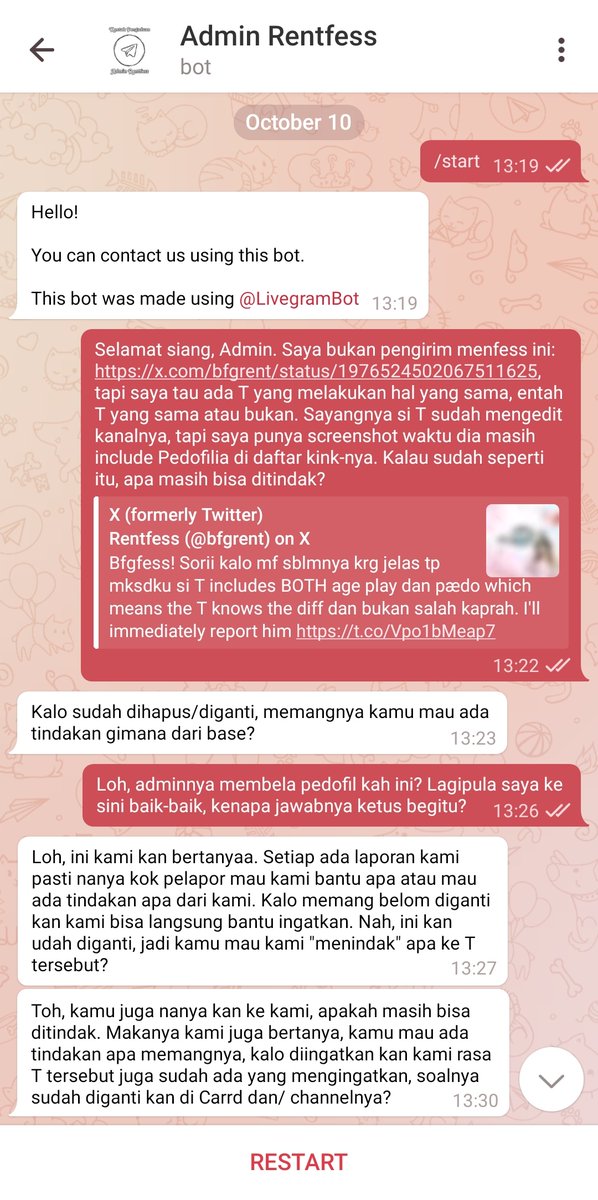 BBEsaRFayotobat's tweet photo. (1) Pelapor mendatangi bot pengaduan namun masih ragu apakah T yang dia pergoki adalah T yang dimaksud di menfess, lalu bertanya apakah T tsb masih bisa ditindak meski sudah mengedit kanalnya. Namun RF menanggapi dengan agresif alih-alih menanyakan siapa T yang dimaksud pelapor. https://t.co/iGJYZCHs0Y