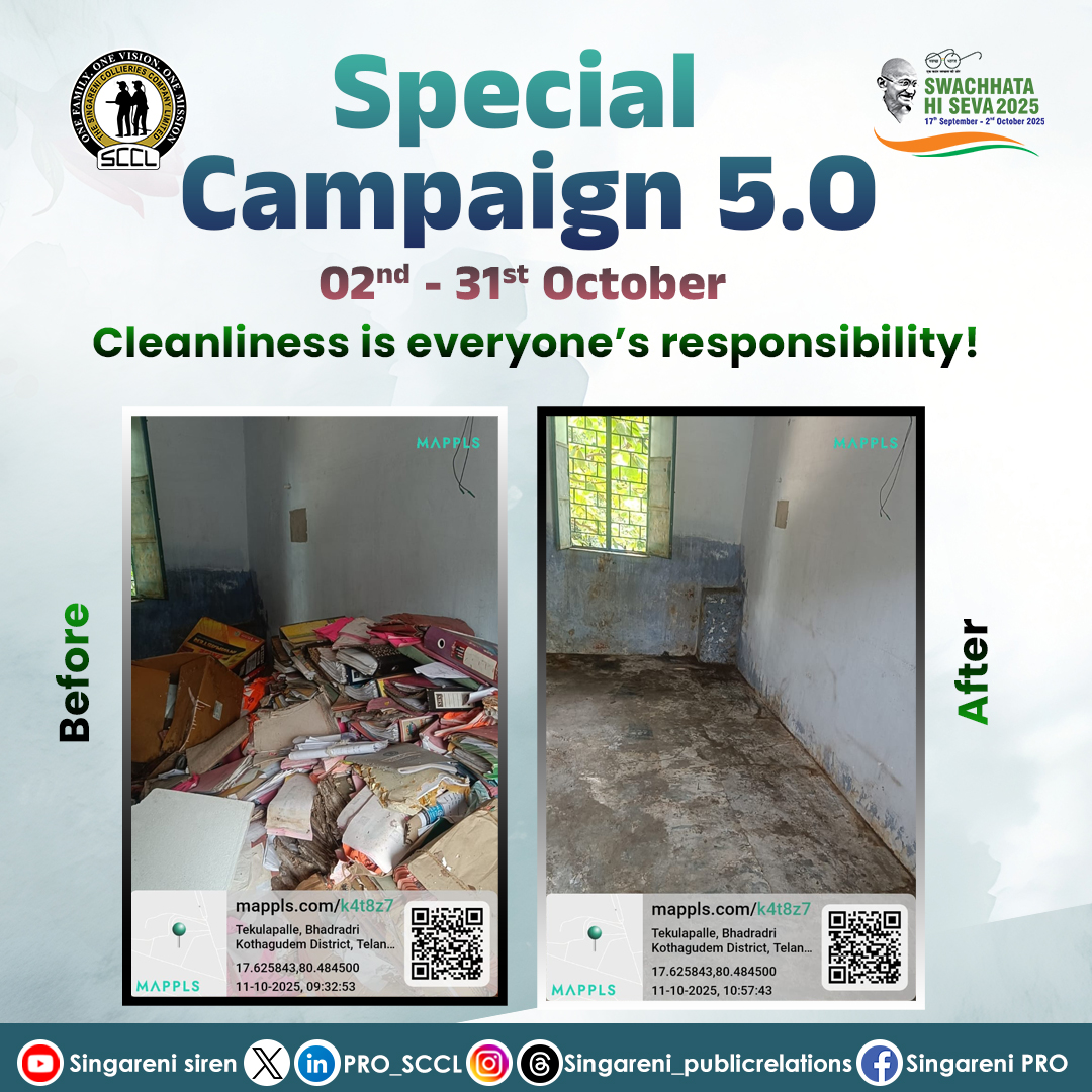 PRO_SCCL's tweet photo. ✨ From Clutter to Clean! — Under Special Campaign 5.0, our teams transformed workspaces into neat, organized areas.
#SpecialCampaign5_0 #CleanOfficeDrive #BeforeAndAfter #SwachhataHiSeva #CleanAndGreen #OfficeCleanliness #SpaceManagement #SCCL #SingareniCollieries #SingareniSwachhata #SCCLInitiative #GovernmentOfIndia #MinistryOfCoal #TransformationInAction #TeamSingareni #singareniglobal