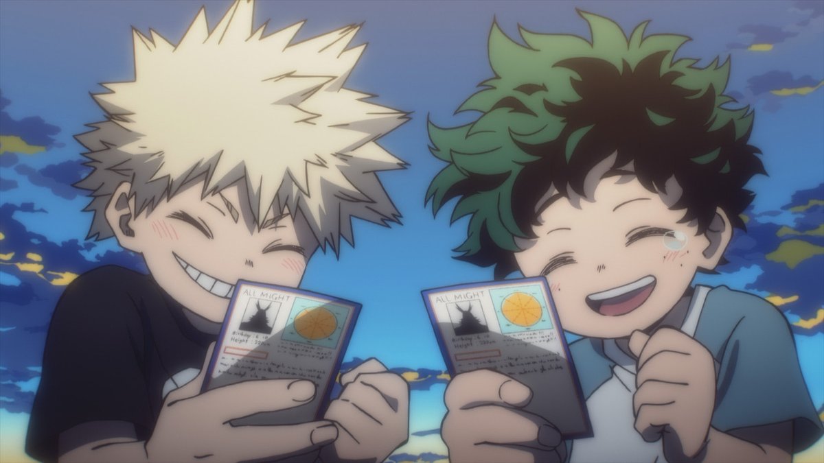 二人で一緒に当てたオールマイトのカードを持って喜んでる幼少期の