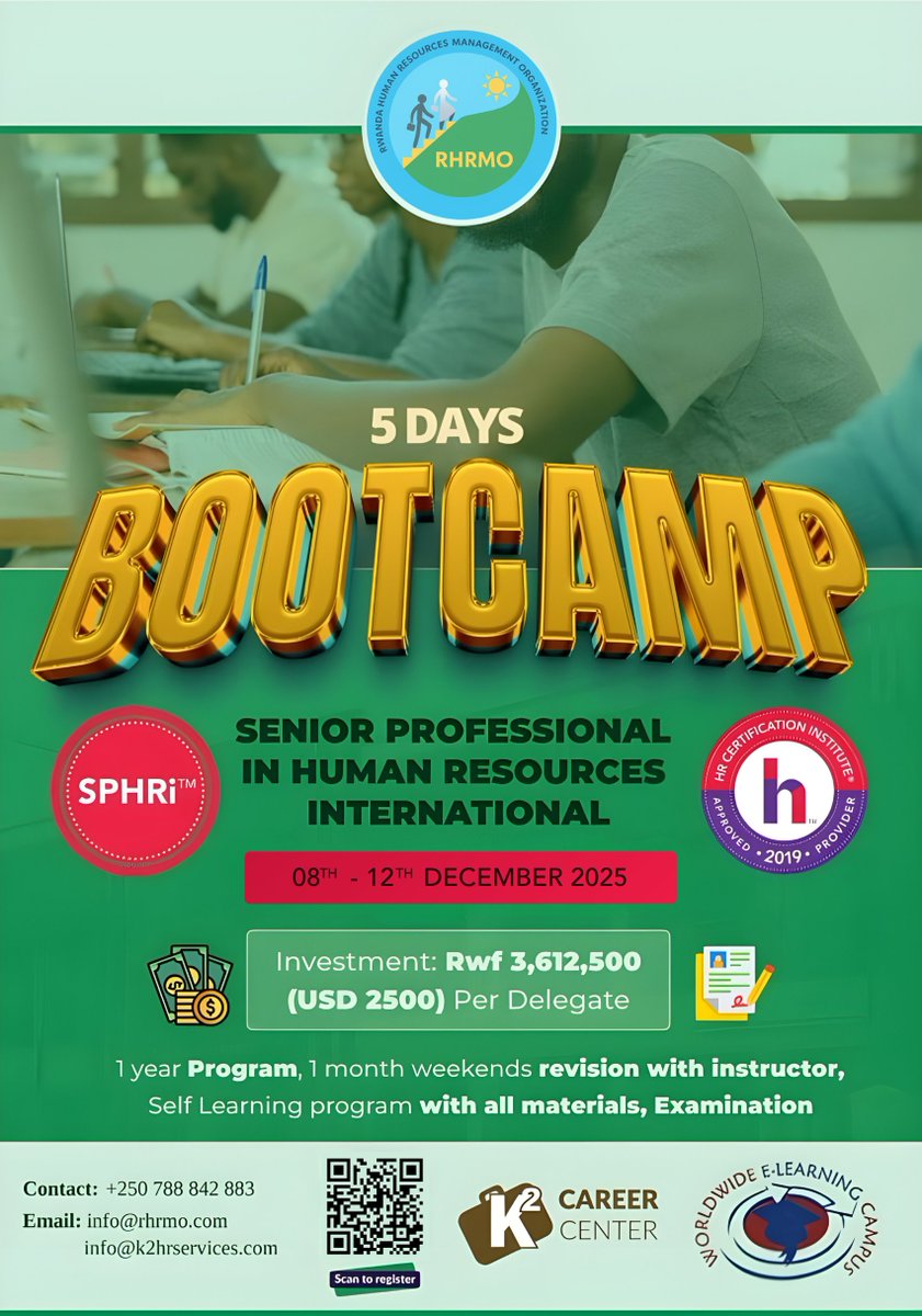 Advance your HR career! Join the 5-Day SPHRi™ Bootcamp — December 8–12, 2025. Gain global certification with 1-year learning, instructor revisions &amp; exam. 💰 Rwf 3,612,500 / USD 2500. 📷info@rhrmo.com #SPHRi #HRTraining #RHRMO
