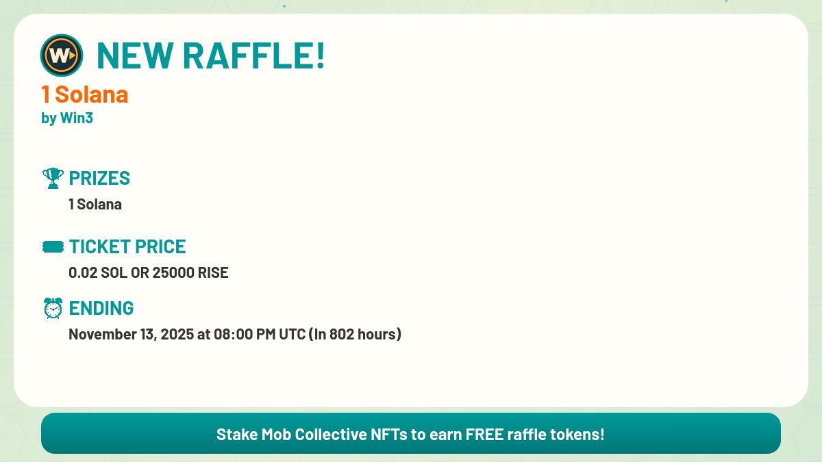 🎟️🔥 NEW RAFFLE ALERT! 🔥🎟️

🏆 1 Solana 

ℹ️ Simple.  Take a chance and maybe you win 1 Solana ! 

🔗 Buy Your Tickets: raffle.mobtools.in/main/bd718525b…
