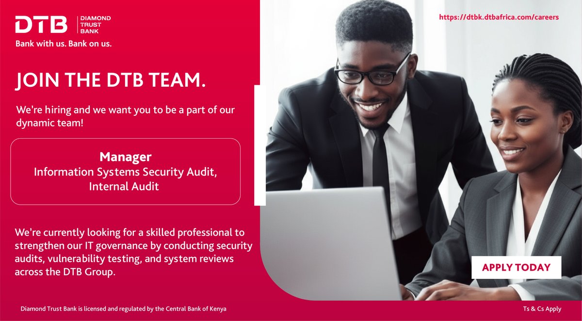 We’re hiring! Join DTB as Manager, Information Systems Security Audit and help strengthen IT governance and system security across the DTB Group.

Apply here: dtbk.dtbafrica.com/careers

#BankOnUs