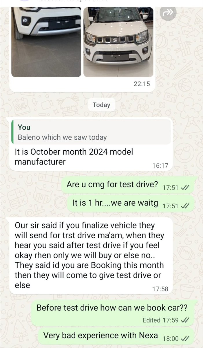 A <a href="/NexaExperience/">Nexa Experience</a> dealer says that he will offer test drive "only if we promise to book this month", else no test drive possible.
And <a href="/Maruti_Corp/">Maruti Suzuki</a> talk about #customerexperience in India! According to executive, their boss refused test drive as we wanted to drive &amp; decide!