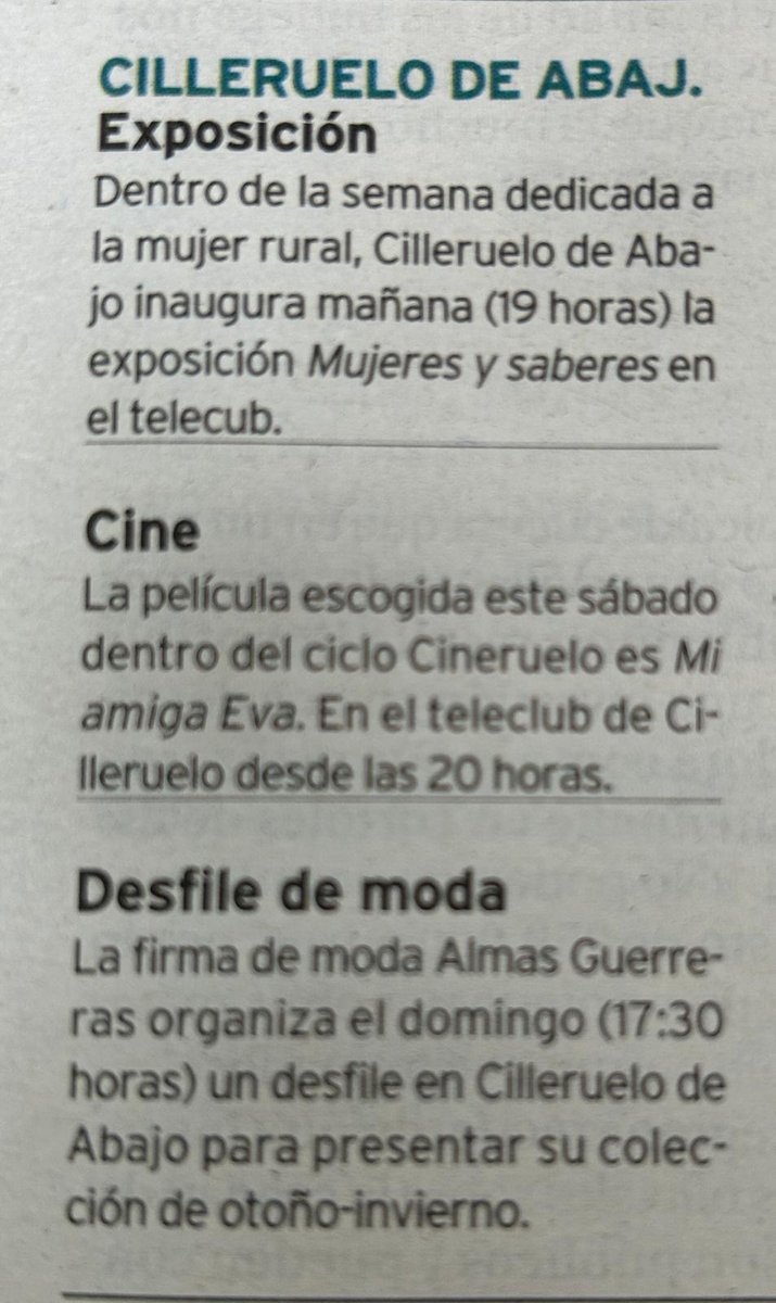Comenzamos hoy la Semana de la #MujerRural en Cilleruelo de Abajo.
👭19:00. Exposición de fotografía #Fademur, "Mujeres y Saberes"
🎬20:00 cine (#MiAmigaEva).
Mañana domingo:
 👭17:30 Desfile de moda de dos emprendedoras rurales de nuestro pueblo. No faltéis!!!  <a href="/diariodeburgos/">Diario de Burgos</a>