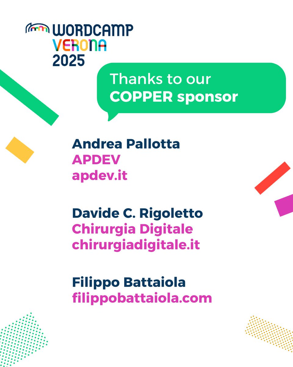 Grazie a tutti i nostri Copper Sponsor per aver supportato il WordCamp Verona 2025 🥳