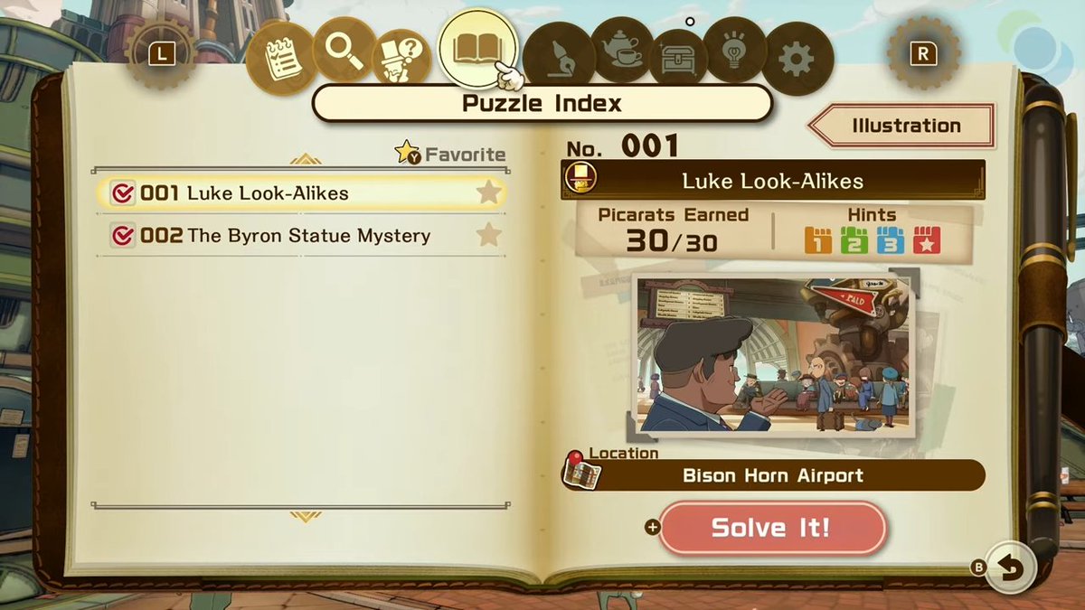 En el nuevo baúl/cuaderno de El Profesor Layton y el Nuevo Mundo a Vapor se han podido ver:

- Misiones
- Diario (Layton’s Journal)
- Misterios
- Lista de puzles

También aparecen los iconos de guardado y opciones, y parece que regresan la Colección y… ¿el minijuego del té? ☕