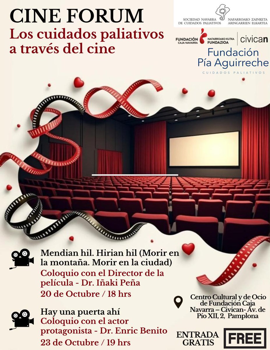 PalianNavarra's tweet photo. 🔊Semana de los Cuidados Paliativos en Navarra organizada por @PalianNavarra

🎬 20 y 23 de octubre: Cine Forum con actores y director protagonistas.
🆓Entrada gratuita

⚕️24 de octubre: Jornada para profesionales socio-sanitarios:
 “Derecho a ser cuidado: Paliativos para todos” https://t.co/LZwqlcI5OZ