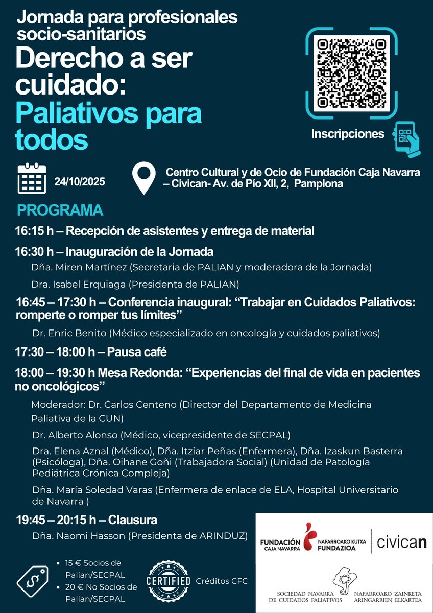 🔊Semana de los Cuidados Paliativos en Navarra organizada por <a href="/PalianNavarra/">Palian Navarra</a>

🎬 20 y 23 de octubre: Cine Forum con actores y director protagonistas.
🆓Entrada gratuita

⚕️24 de octubre: Jornada para profesionales socio-sanitarios:
 “Derecho a ser cuidado: Paliativos para todos”