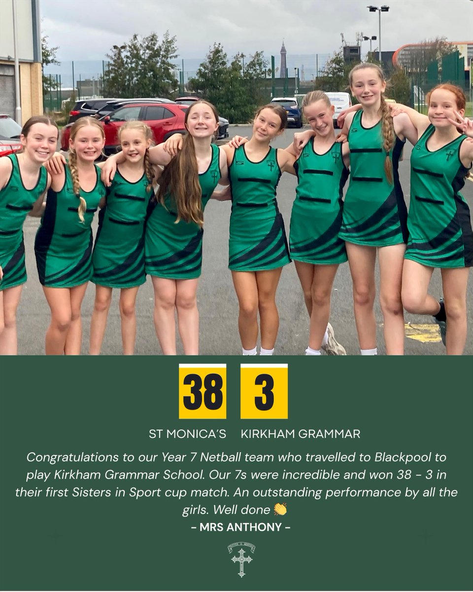 Another win for St Monica’s! 💚Incredible work. Incredible teamwork. Year 7 Netball smashed it with a 38–3 victory over Kirkham Grammar in their first Sisters in Sport cup match! 📷
@stoc_cat
<a href="/StMonicasPE/">St Monica's PE</a>  #stmonicasrchs_update
