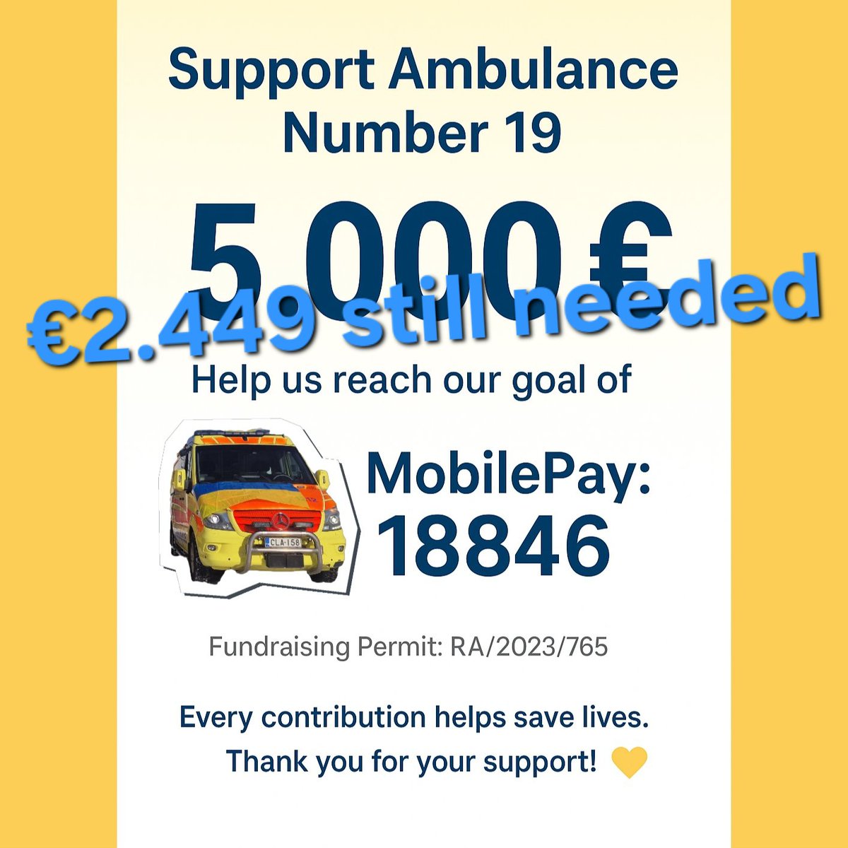 🚨 AmbulanceJar #19: 
— €2.449 to go!

Help us buy another ambulance for Ukraine 🚑

Every euro counts

Let’s keep the wheels rolling 💪

🔵 Payee: ​Ambulansseja Ukrainaan ry
IBAN: FI31 1544 3000 3222 68
BIC: NDEAFIHH

🟡 MobilePay 18846
🔵 paypal.com/donate/?hosted…

🚑🇫🇮🇺🇦