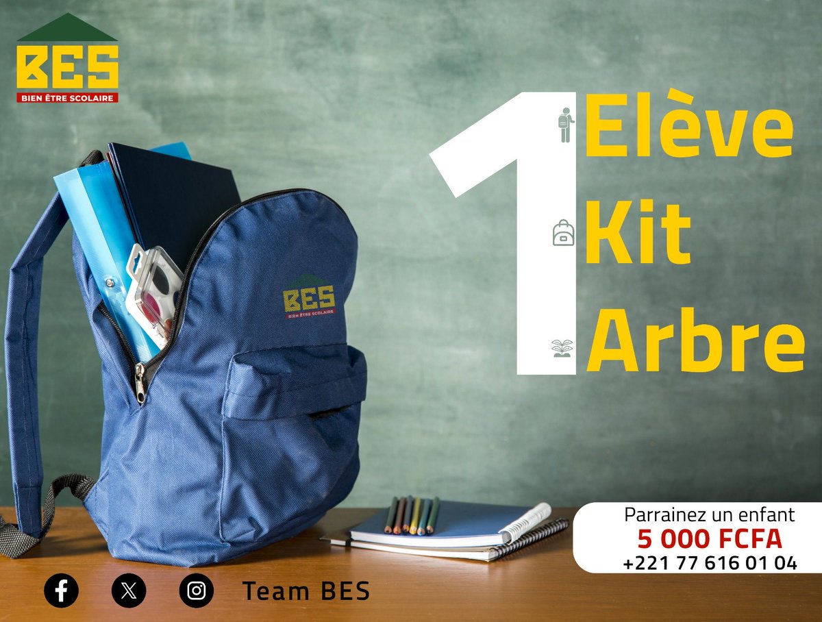 1 élève-kit-arbre de <a href="/TeamBES_/">TEAM Bien Être Scolaire (BÊS)</a> lie l'éducation à l'environnement
Foudiougne
Casamance
Dakar
Saint-Louis 
3000 élèves ciblés
3000 🌳 plantés
5000 frs  ☎️ 22177 616 01 04 vous parrainez une plante et un élève et vous soulagez un parent.

100 Frs peut aussi faire atteindre 5000 Frs